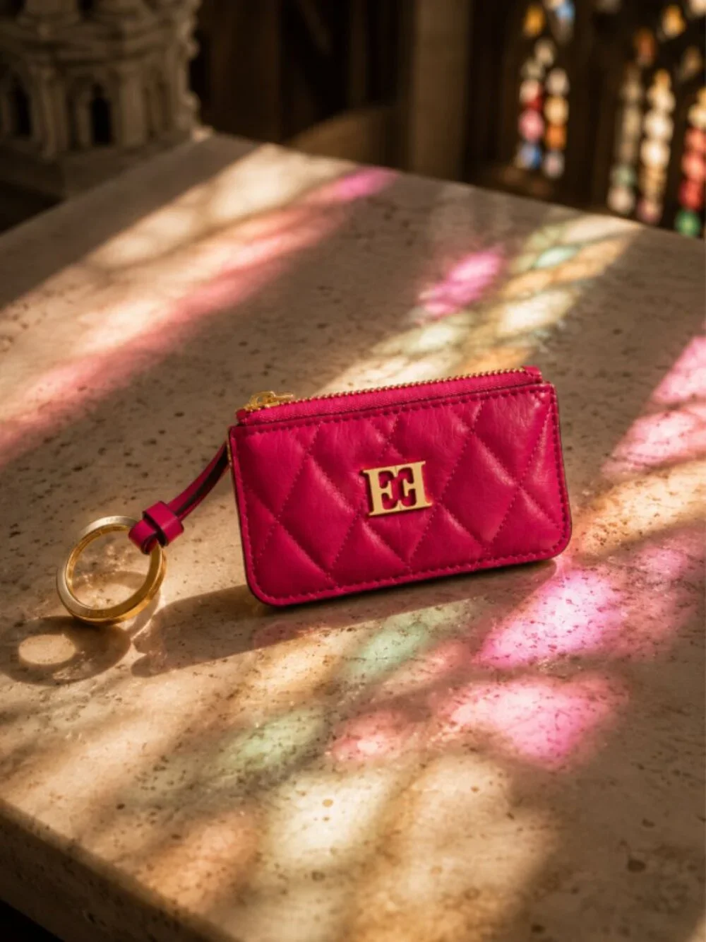 Escada Pink Quilted Leather Key Holder Coin Purse Card Case w/ Dust Bag Rare